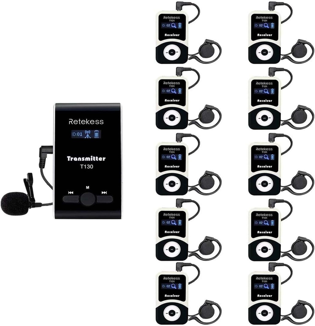 Retekess T130 Wireless Tour Guide Audio System, Church Translation Equipment, Clear Sound Quality, Tour Guide Headsets for Simultaneous Interpreting,Court (1 Transmitter 10 Receivers)