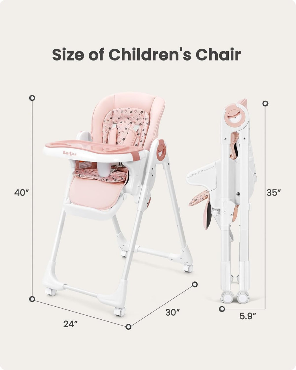 Babilous Foldable High Chair with Soft Cushion, High Chairs for Babies and Toddlers, Height Adjustable Feeding Chair, Adjustable Backrest and Footrest, Lockable Wheels, Star Pink