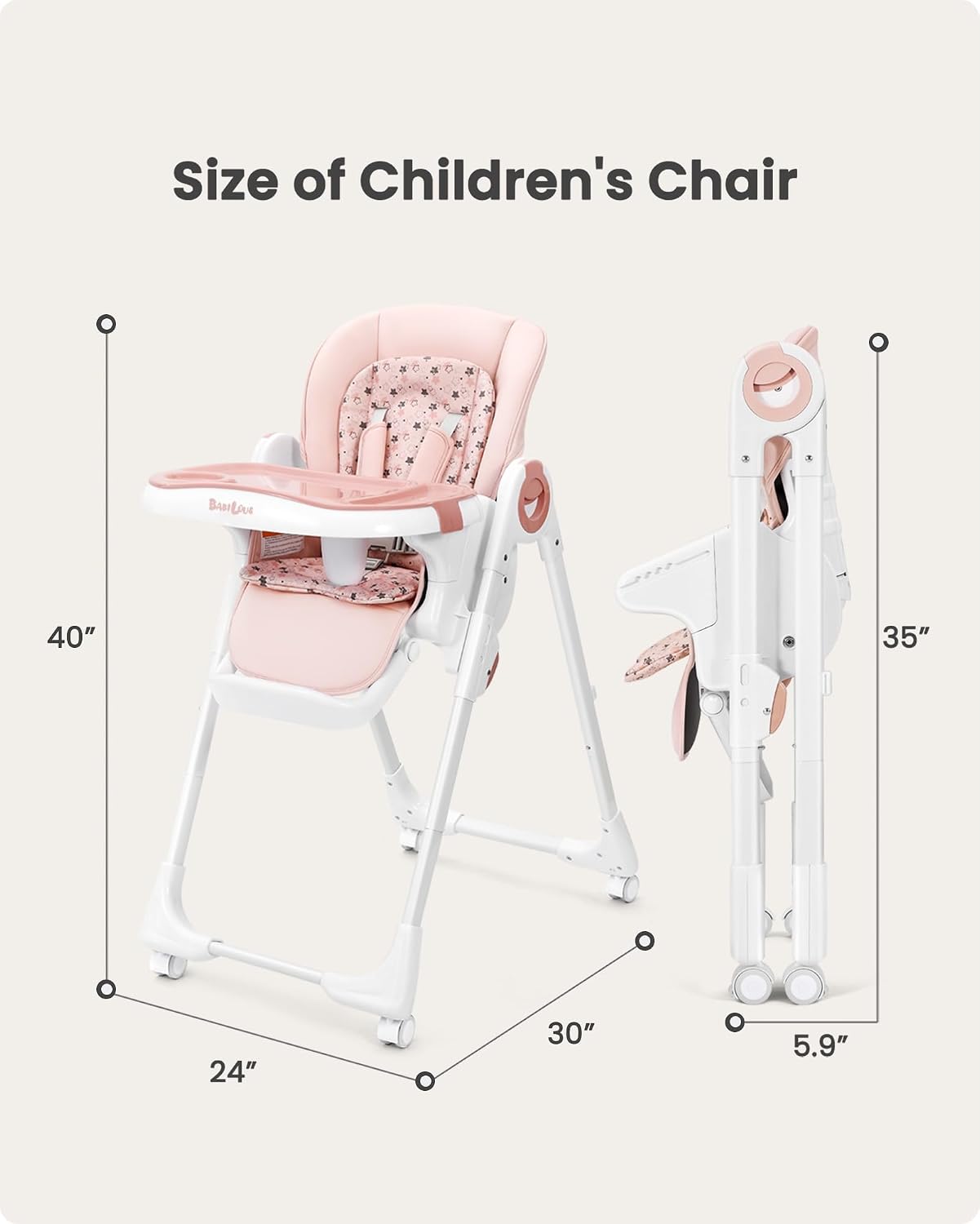 Babilous Foldable High Chair with Soft Cushion, High Chairs for Babies and Toddlers, Height Adjustable Feeding Chair, Adjustable Backrest and Footrest, Lockable Wheels, Star Pink
