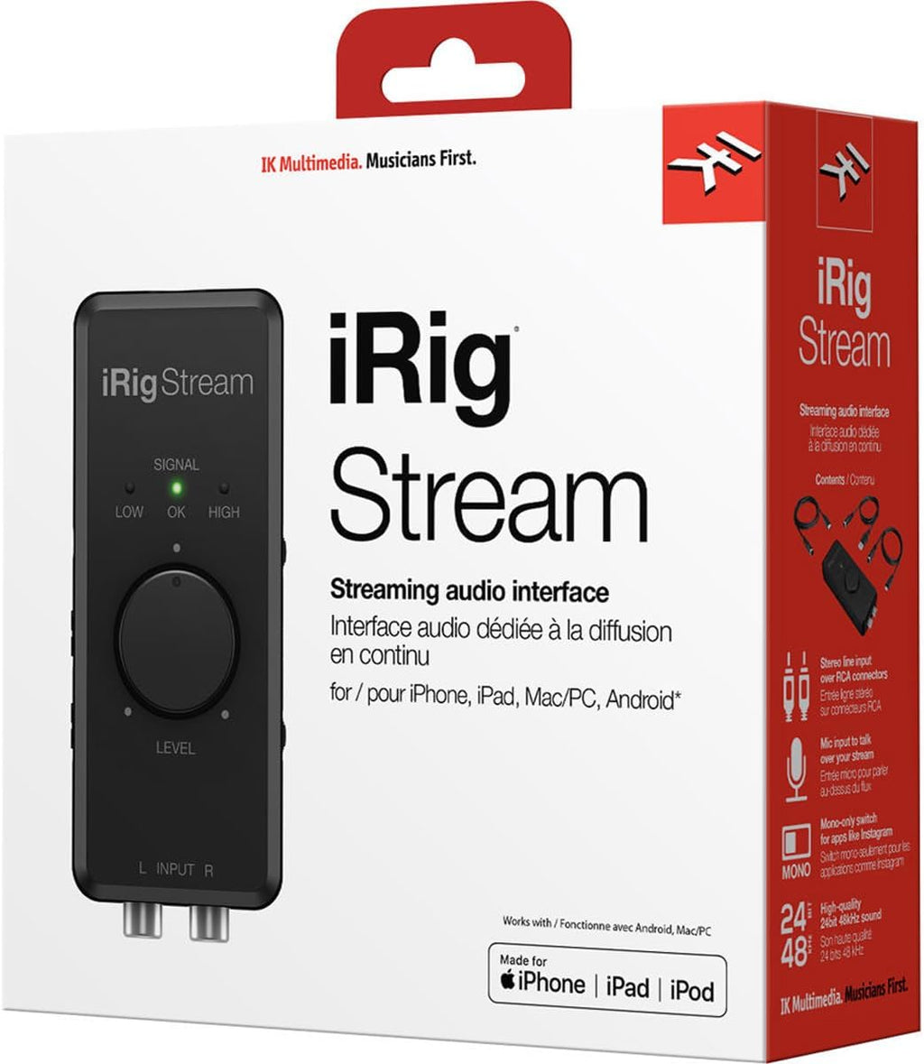 IK Multimedia iRig Stream stereo audio interface for iPhone, iPad, Mac, iOS and PC with USB-C, Lightning and USB for 24-bit, 48 kHz recording from mixers and studio gear