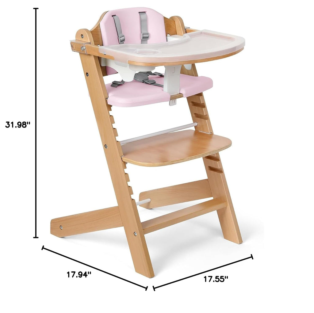 Cowiewie Natural Wooden High Chair for Babies & Toddlers 3-Tier Remove Adjustable Tray and Highchair with Cushions, Easy to Clean, Portable. (Pink)