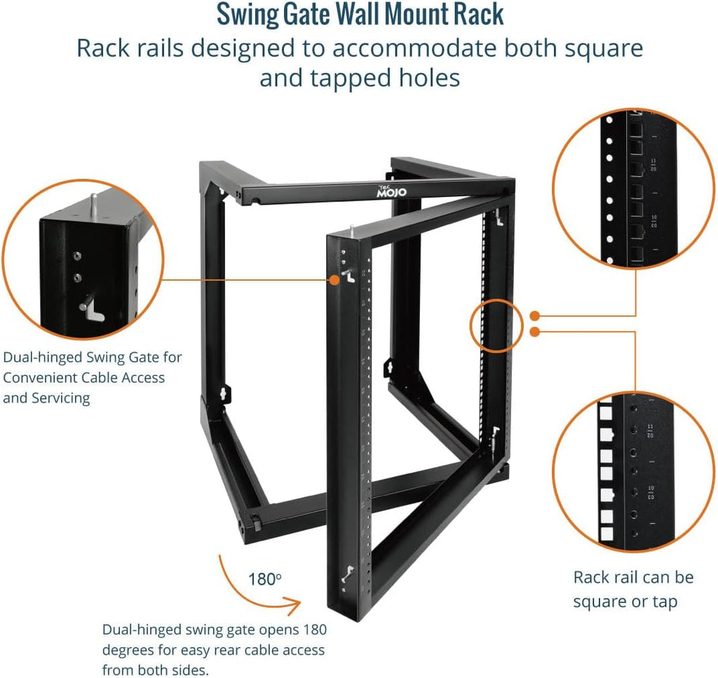 Tecmojo 12U Wall Mount Server Rack, Open Frame Network Rack for 19' Computer/AV/Data/IT/Media Equipment, 18' Depth, 16' Apart Mounting Holes, Swing Gate, Square and Tapped Holes