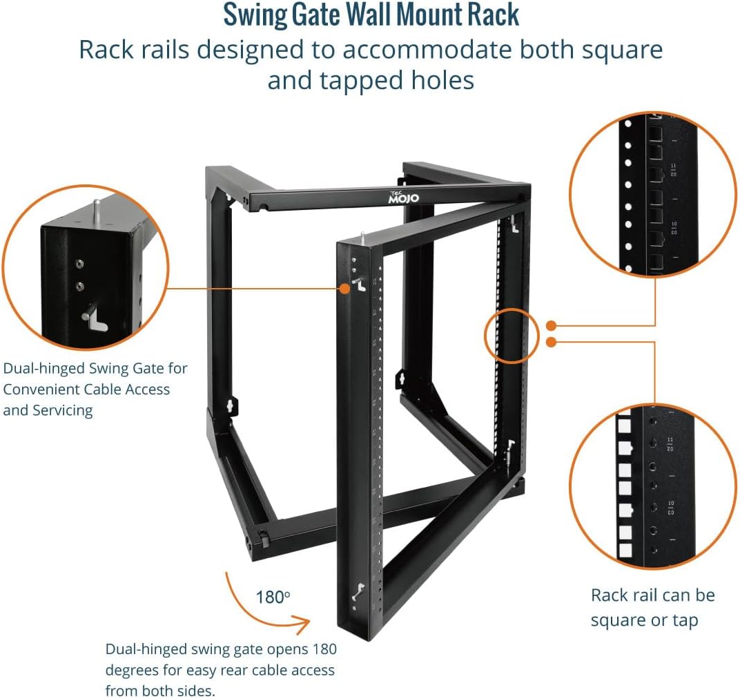 Tecmojo 12U Wall Mount Server Rack, Open Frame Network Rack for 19' Computer/AV/Data/IT/Media Equipment, 18' Depth, 16' Apart Mounting Holes, Swing Gate, Square and Tapped Holes