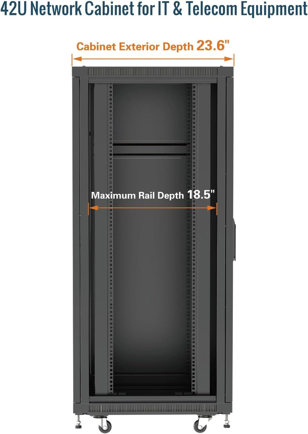 Tecmojo 42U Server Rack Network Cabinet 23.6' D x 23.6' W, Locking Data Cabinet Enclosure for 19' Server, Networking, AV & IT Equipment, Mesh Door, Black