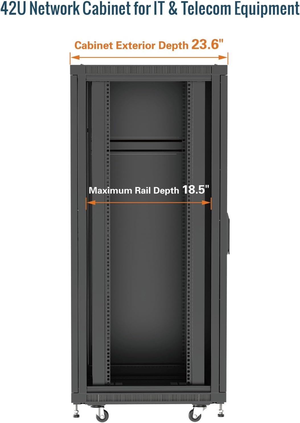 Tecmojo 42U Server Rack Network Cabinet 23.6' D x 23.6' W, Locking Data Cabinet Enclosure for 19' Server, Networking, AV & IT Equipment, Mesh Door, Black