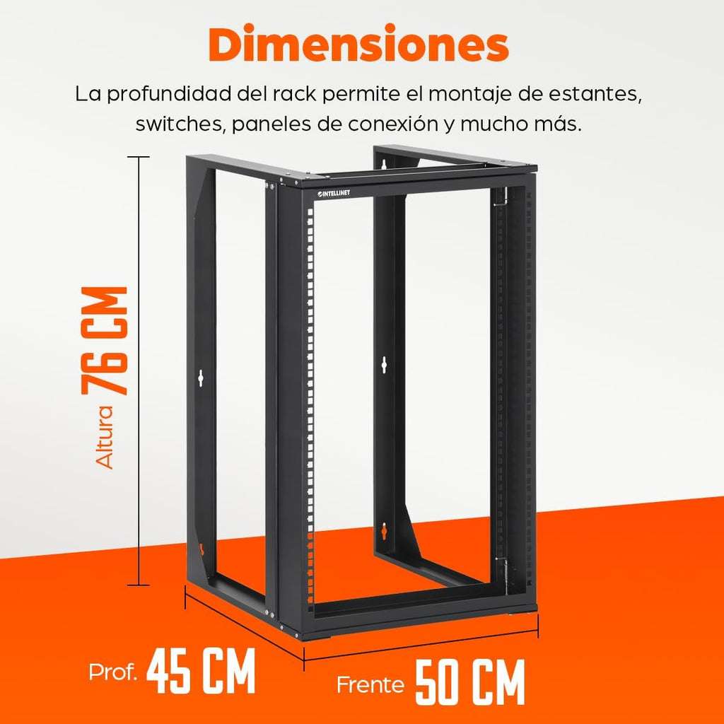 Intellinet 15U 19' 2 Post Open Frame Server Wall Mount Rack - 180 Degree Gate Swing, Flatpacked, Antistatic Powder Coated Steel – for IT Network Equipment & AV Devices – 3 Yr Mfg Warranty – 716208