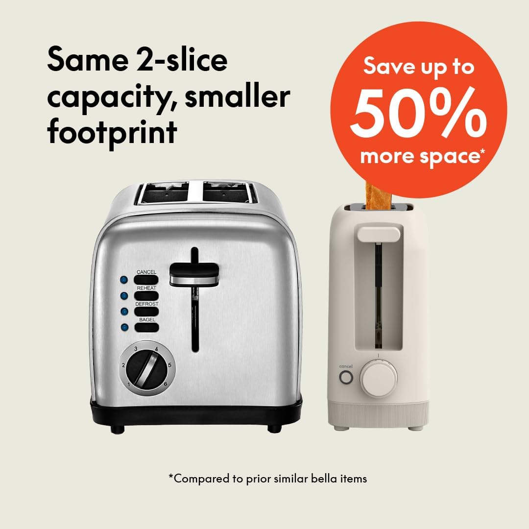 bella 2 Slice Slim Toaster,Fits-anywhere™ Kitchenware,6 Setting Shade Control with Reheat & Cancel Buttons,Fits sourdough,10' Long Slot,Anti Jam & Auto Shutoff,900 Watt,Oatmilk,(Pack of 6)