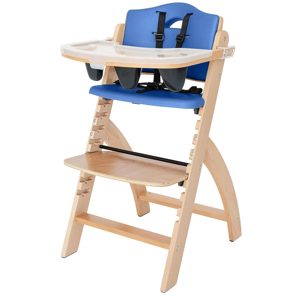 Abiie Beyond Junior Wooden High Chair for Babies and Toddlers - Convertible 3-in-1 Baby Highchair with Removable Tray - 6 Months to 250 Lb - Water Resistant - Natural Wood/Blueberry Cushion