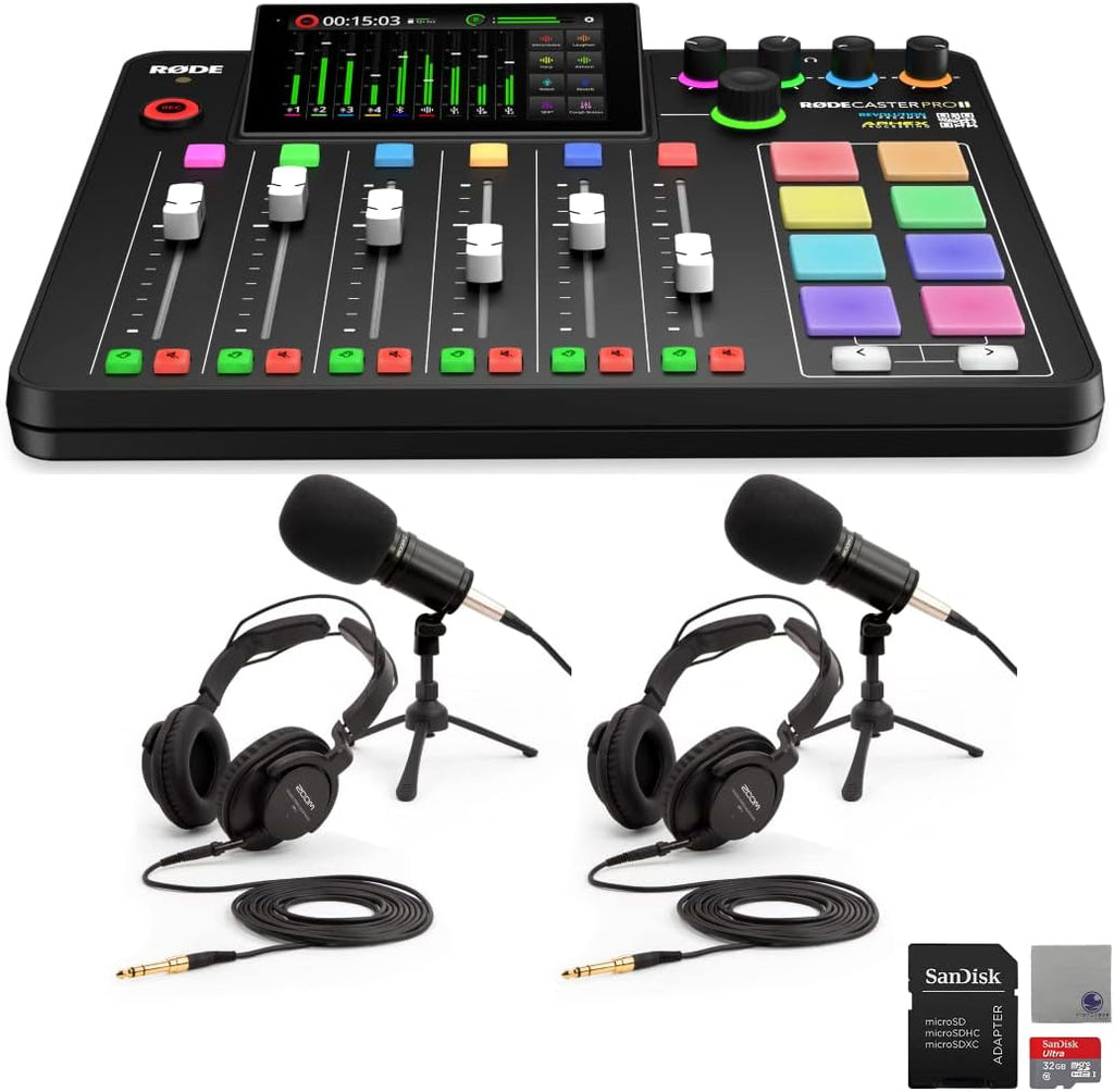 Rode RODECaster Pro II Audio Production Studio Bundle with 2x Zoom ZDM-1 Podcast Mic Pack, 32GB microSD Card and StreamEye Polishing Cloth