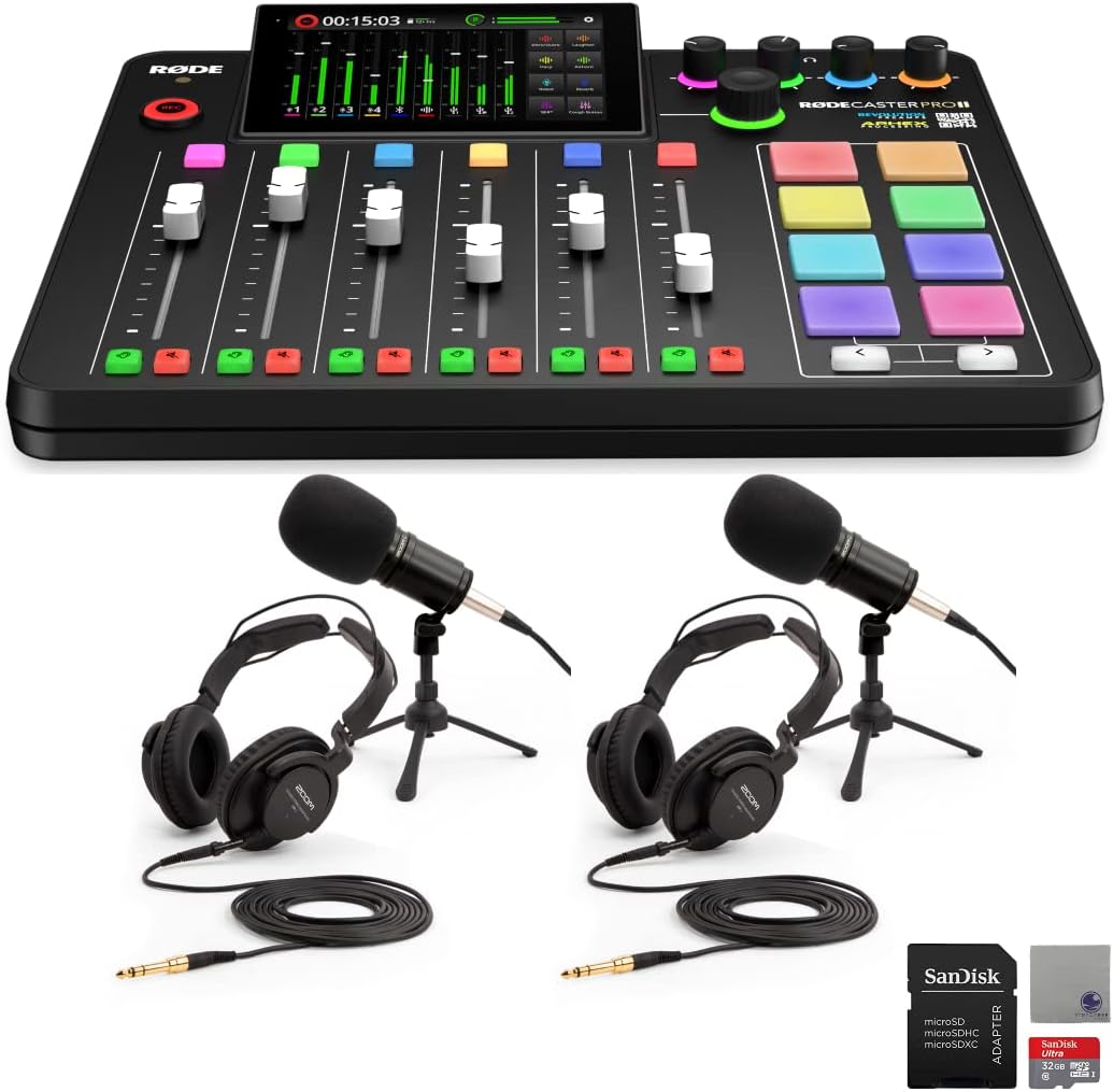 Rode RODECaster Pro II Audio Production Studio Bundle with 2x Zoom ZDM-1 Podcast Mic Pack, 32GB microSD Card and StreamEye Polishing Cloth