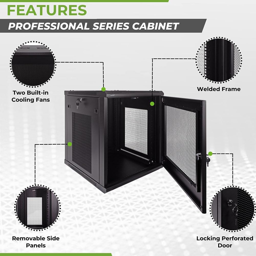NavePoint 12U Server Rack - 23.6' Deep, Wall Mount Network Cabinet with Locking Perforated Door, 19' IT Equipment Compatible, Removable Side Panels, Black