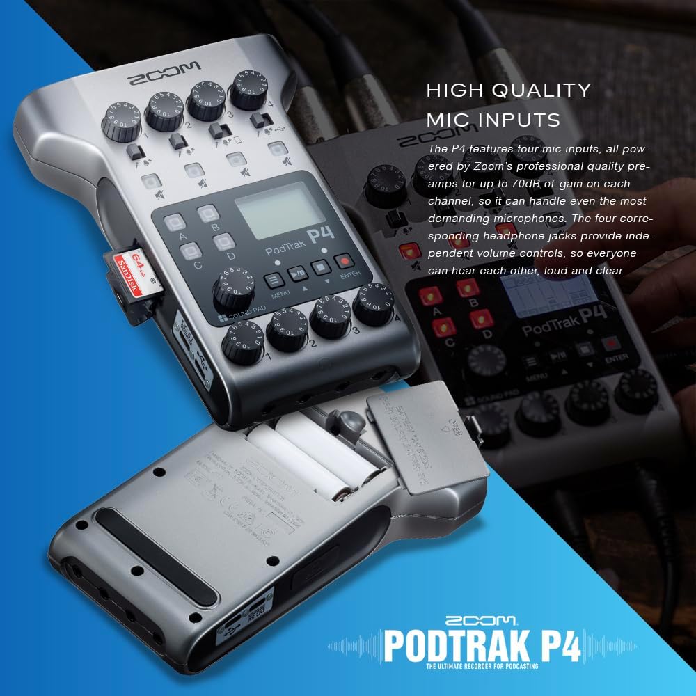 Zoom PodTrak P4 Portable Multitrack Podcast Recorder, Audio Interface w/ 4 Mic Inputs, 4 Headphone Outputs with 64GB SD, 4X Zoom Podcast Mic Pack, 4X Pop Filter Set, 4AA Rechargeable Batteries & More
