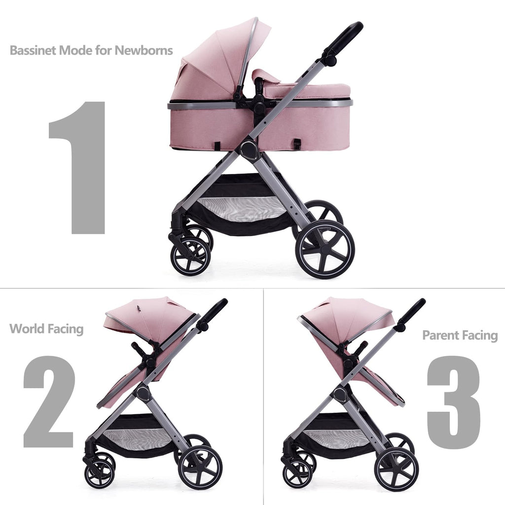 Lortsybab 2 in 1 Baby Stroller, Newborn Infant Toddler Convertible Pram Stroller for 0-36 Months Old Babies (Pink)