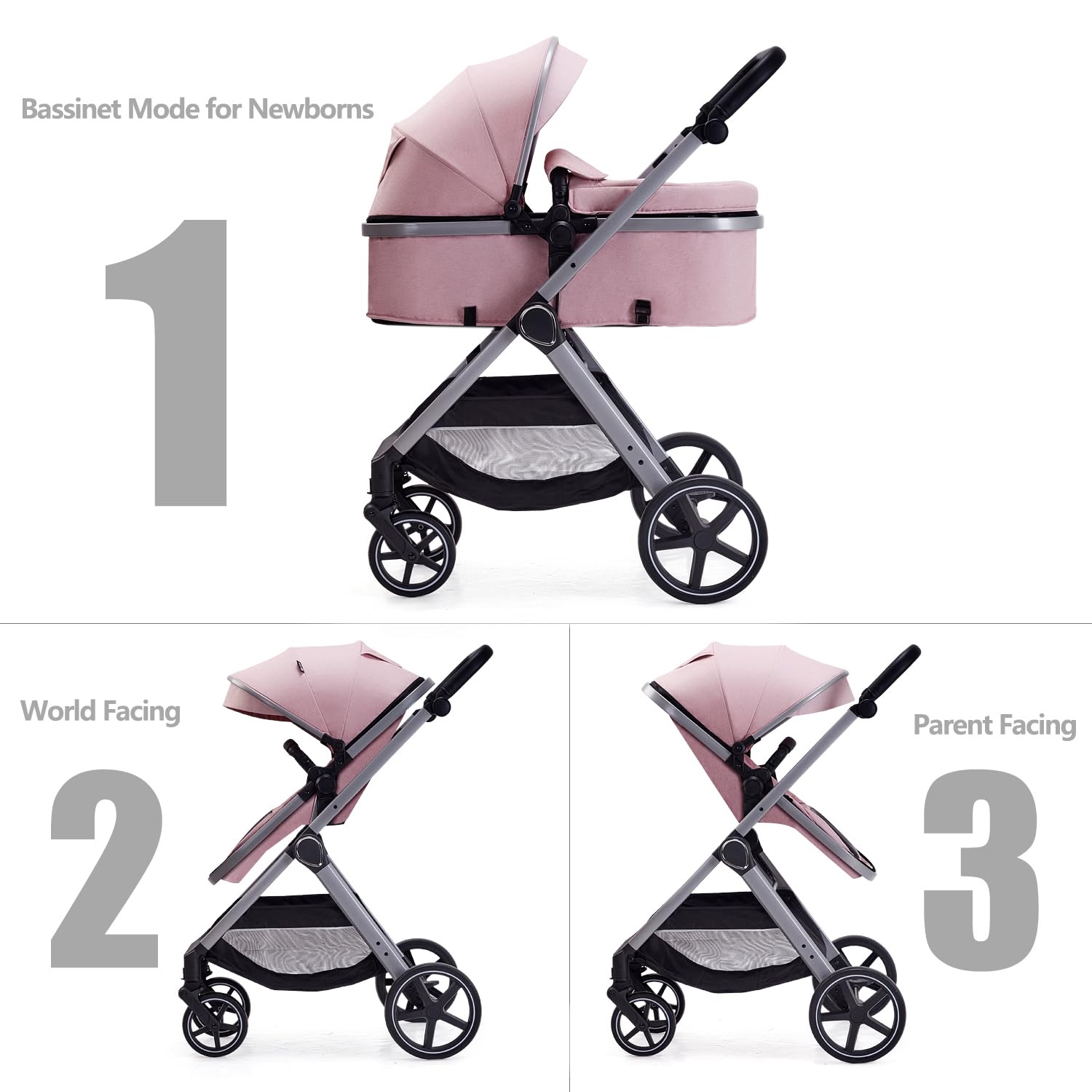 Lortsybab 2 in 1 Baby Stroller, Newborn Infant Toddler Convertible Pram Stroller for 0-36 Months Old Babies (Pink)