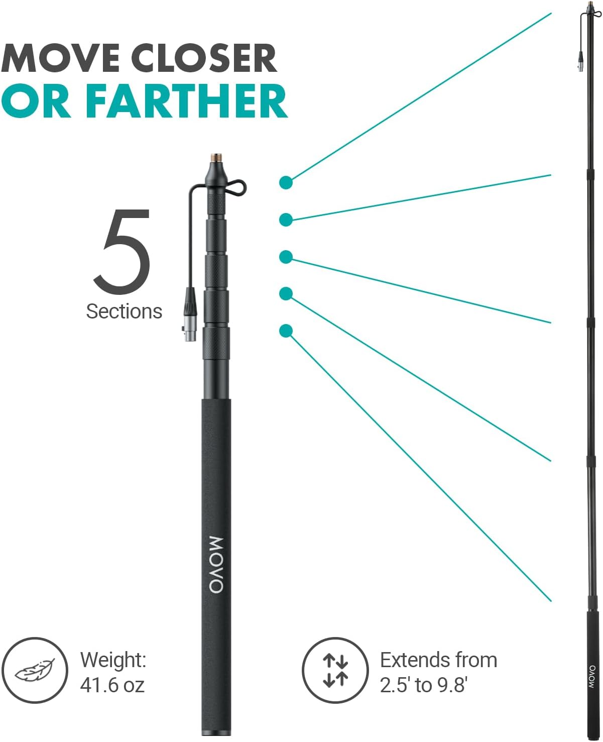 Movo Boom Mic Kit for Filmmaking – Supercardioid Shotgun Microphone, 9.8ft Boom Pole, Blimp Windscreen & Deadcat – Complete Location Sound Bundle