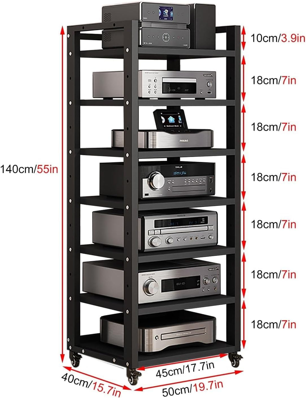 7-tier Av Media Stand, Audio Rack With Adjustable Shelves, Stereo Racks And Stands With Wheels, Stereo Rack For Home, Office, Theater(B)