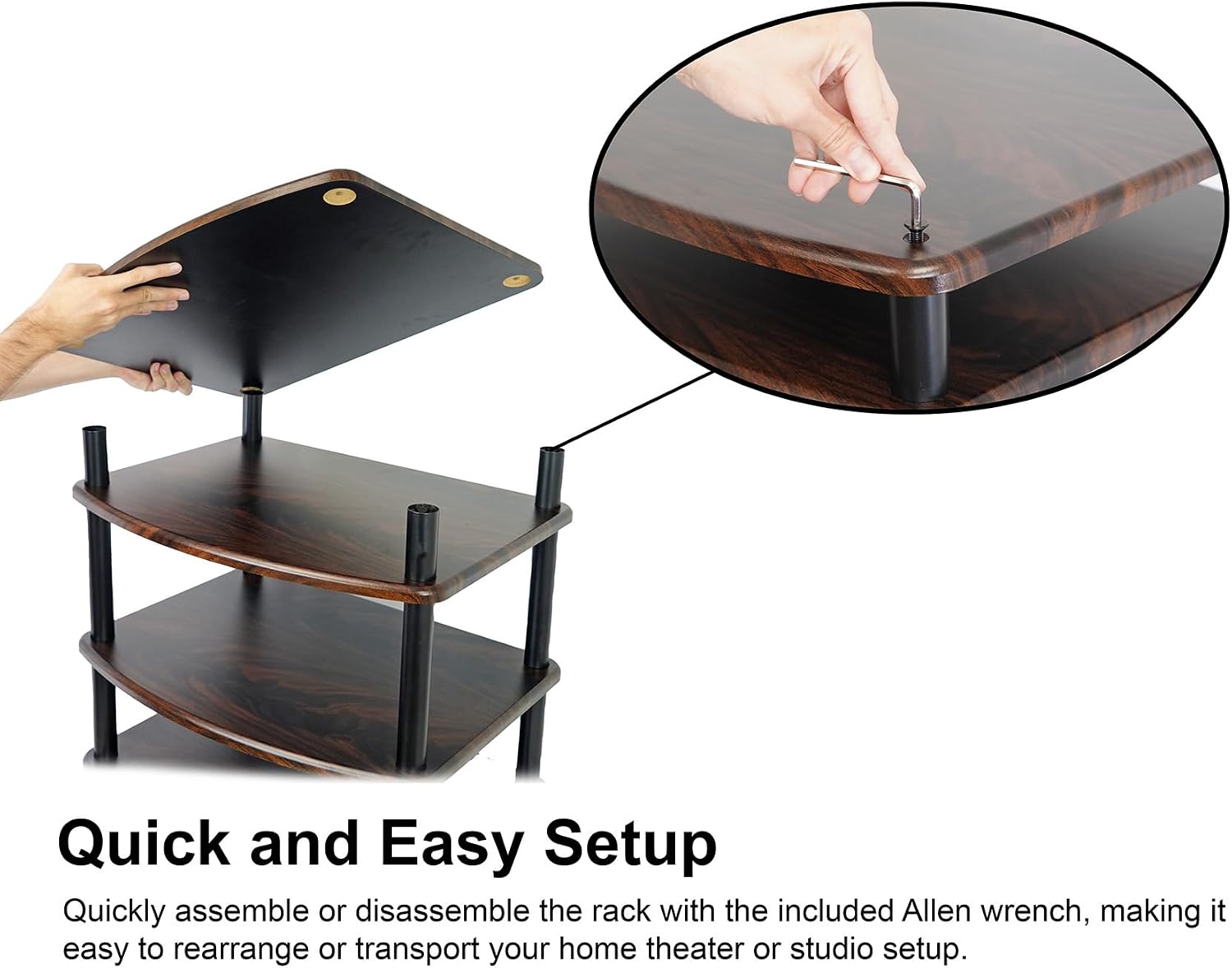 Rockville FLX Dark Wood Adjustable Height 4 Shelf Home Theater Audio Rack Stand, 24'x18', 300lb Limit, Steel Tubes, Perfect for Home Theaters, Studios