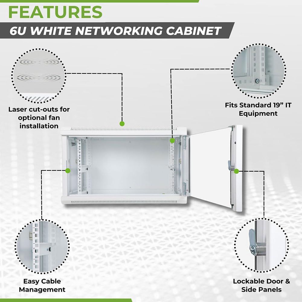 NavePoint 6U Network Cabinet with Glass Door – 6U Wall Mount Server Cabinet White 19' Rack for IT Equipment, AV Devices, Networking Equipment –23' Deep Server Rack Enclosure