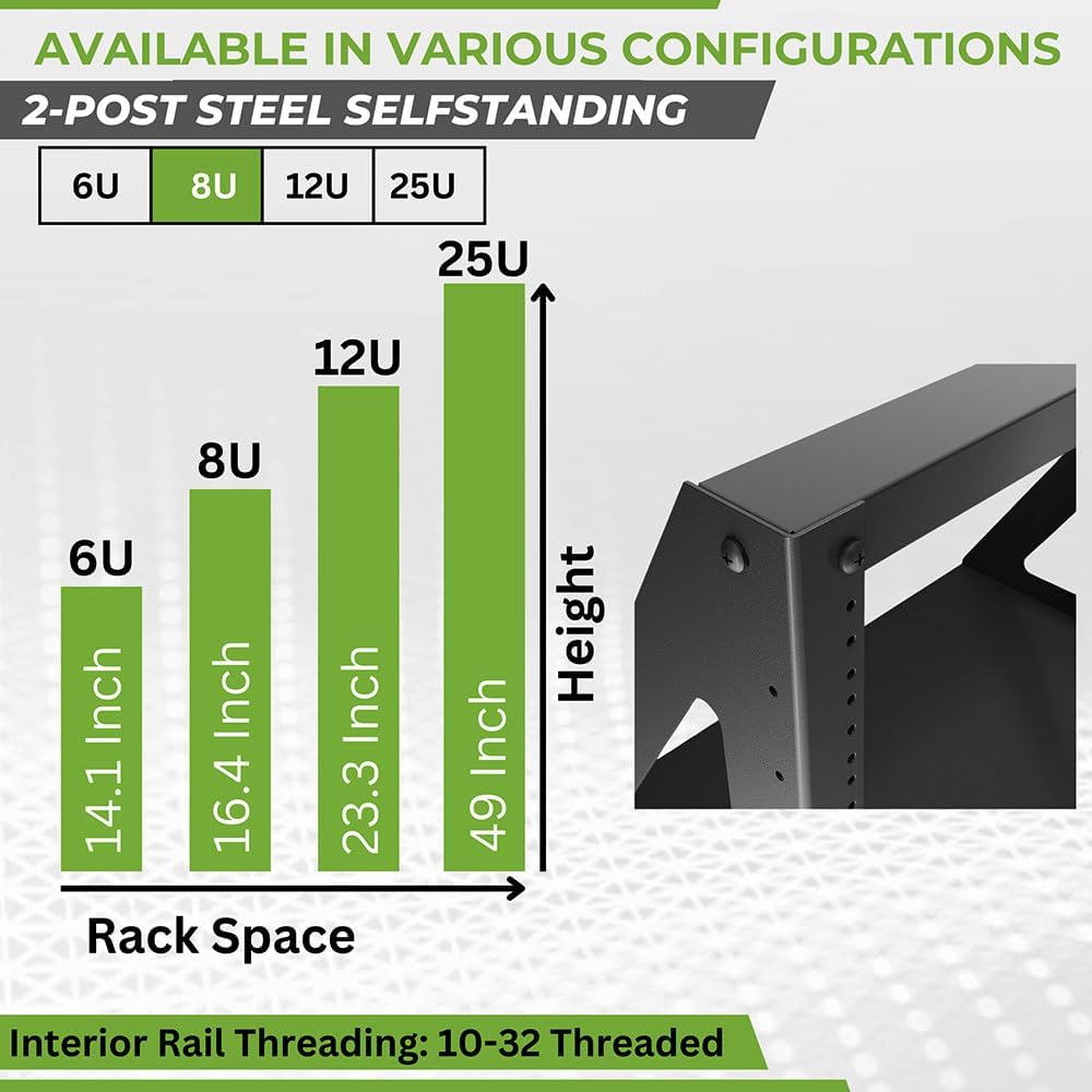 NavePoint 8U 2 Post Server Rack for 19 Inch Equipment, Freestanding Desktop Rack for AV, Networking, Data & IT Devices, Heavy Duty 2-Post Rack 8U 660lbs Weight Capacity, Black