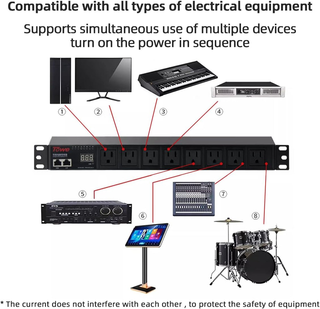 Power Conditioner for Audio Equipment, 8 Outlet 1U Rack Mount 100-250v 2500w 30Amps Power Supply Strip Surge Sequencer with LED Voltmeter Display,Surge Protector,Smart PDU