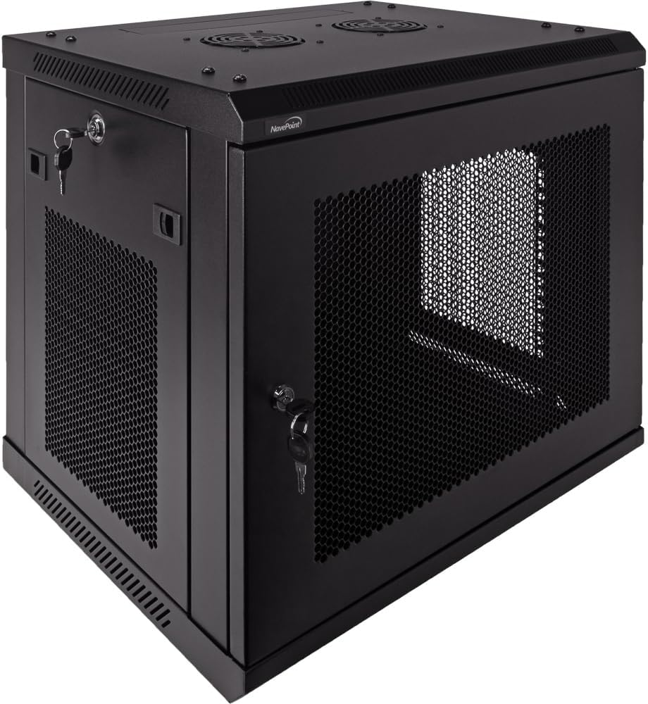 NavePoint 9U Server Rack Enclosure - 17.7' Deep, Wall Mount Network Cabinet with Locking Perforated Door, 19' IT Equipment Compatible, Removable Side Panels, Black