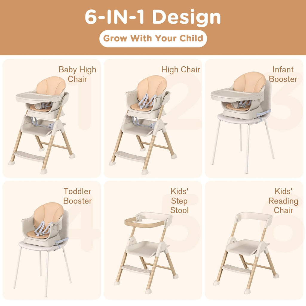 6-in-1 High Chair for Babies and Toddlers, 2026 New Aluminum Alloy Folding Toddler Step Stool with 4-Position Height, Detachable Double-Layer Tray, 6 Growing Stages from Infant to Toddler Seating
