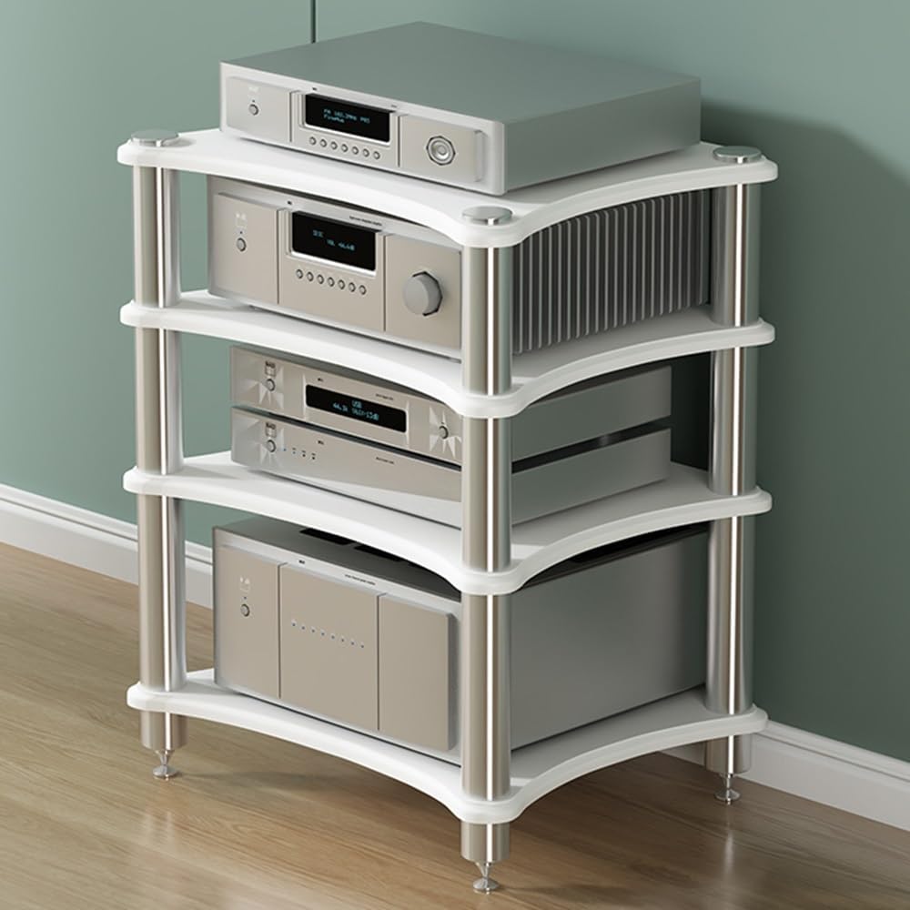 1 2 3 4 Tier AV Media Stand Component Cabinet Corner Shelf Wooden Stereo Cabinet Audio Rack Tower CD Player Stand for Home/Office/Audio Video/DJ/Theater ﻿ ﻿(White,4 Tier-60x50x80cm)
