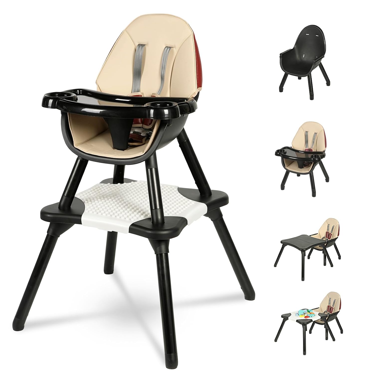 Gofirst 6 in 1 Baby High Chair,Convertible High Chairs for Babies and Toddlers/Booster Seat/Table and Chair Set,Babies Feeding Chair/5-Point Harness,4-Position Removable Tray&PU Cushion Baby Highchair