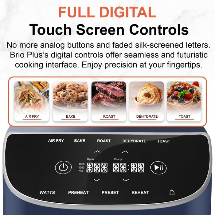 Nuwave 8QT Brio Air Fryer Plus Deep Blue, Digital LED Touch Screen with Cool White Display, 50°F~400°F in Precise 5°, 3 Wattage Alternatives, 5 Cook Functions, 50 Memory, PFAS Free, New & Improved