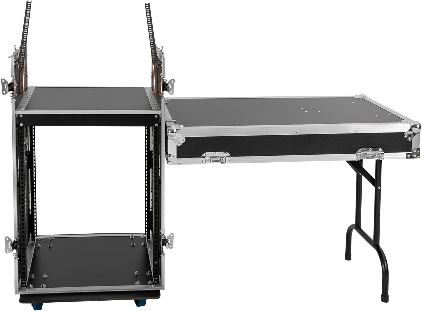 14U PA DJ Pro Audio Rack Road Case with 11U Slant Mixer Top, DJ Work Table and Casters, DJ Mixer Rack, Pro Tour Grade