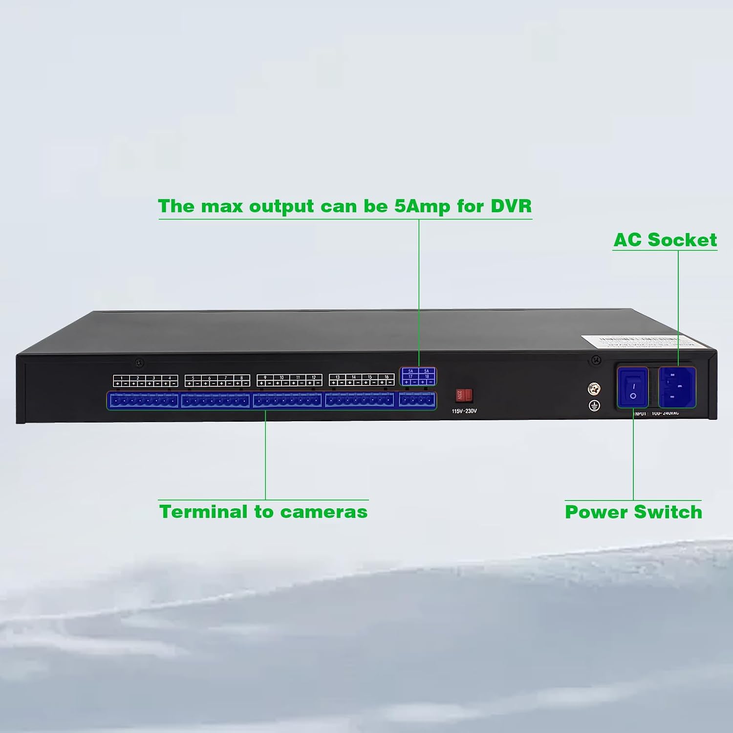 1U 12V 20A 18-Channel Rack Mount Power Supply – 12V 3-5A Distributed DC Output with Reset Fuse, 4 ft Replaceable AC Cord. Ideal for Security Cameras, DVRs, CCTV Systems, by UltraPoE