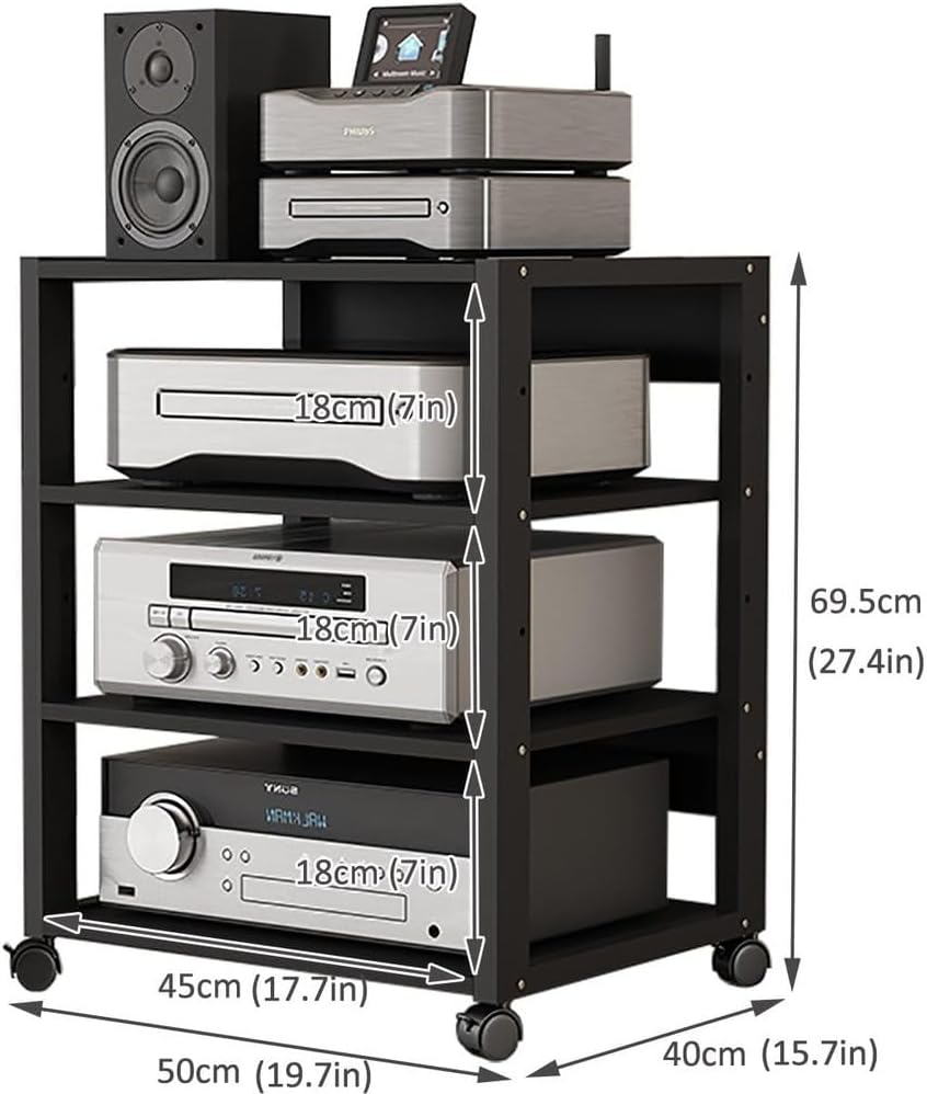 AV Media Tower Stereo Cabinet 3/4/5 Tier Floor-Standing Audio Rack CD DVD Record Player Stand Movable Corner Storage Shelf with Wheels for Home Theater,4 Tier