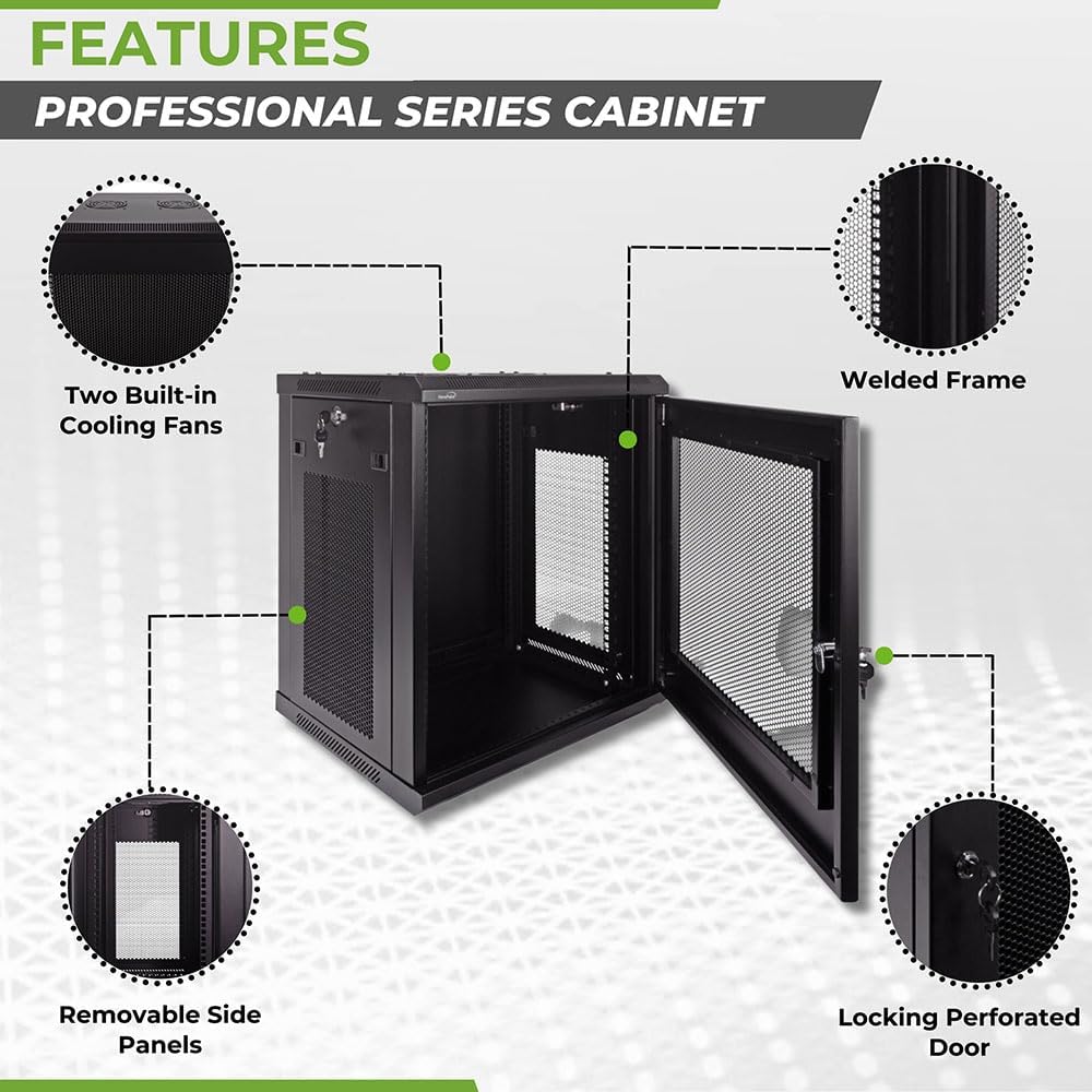 NavePoint 12U Server Rack - 17.7' Deep, Wall Mount Network Cabinet with Locking Perforated Door, 19' IT Equipment Compatible, Removable Side Panels, Black