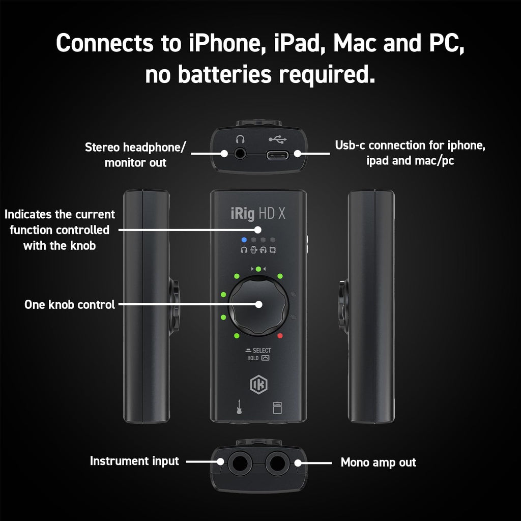 IK Multimedia iRig HD X Guitar Audio Interface - 96 kHz Music Recording, 24-bit, For iPhone, iPad, Mac, iOS, And PC With Lightning Cable, USB-C, Guitar Accessories, Recording Studio Equipment