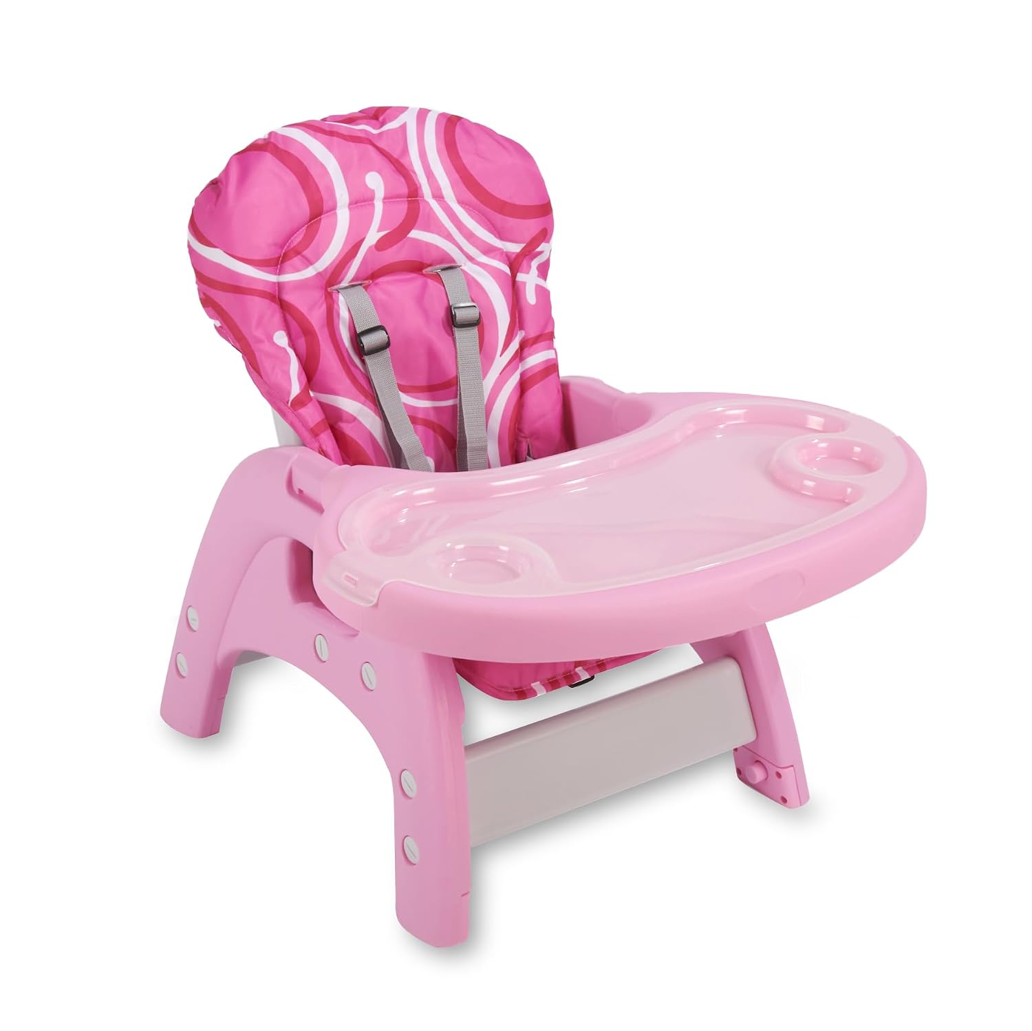 Badger Basket Envee II Convertible Baby High Chair – Infant Feeding Seat, Booster, and Toddler Desk with Tray and Cushion – Pink/White