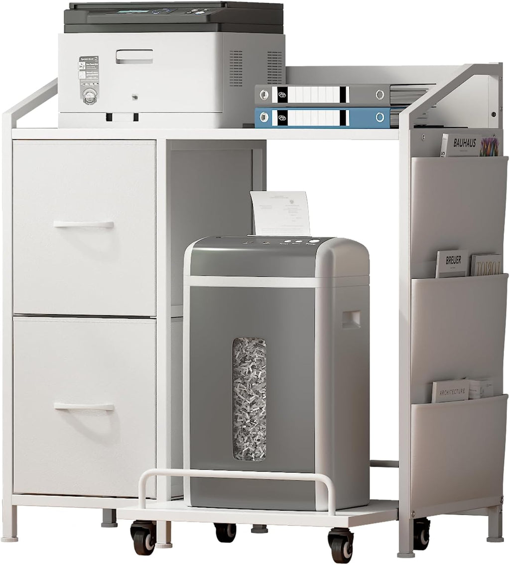 Printer Stand with Storage, Lateral Office Filing Cabinets with Power outlets & USB Charging Port, File Cabinet with Large Printer Stands for Home Office, Shredder Stand Rack (White)