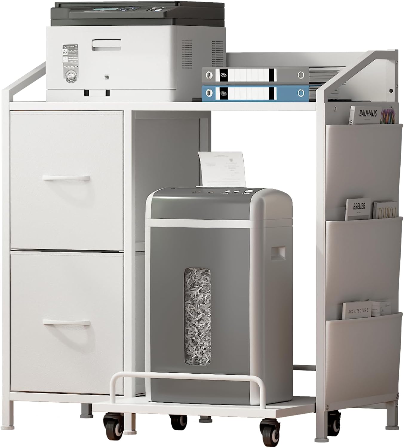 Printer Stand with Storage, Lateral Office Filing Cabinets with Power outlets & USB Charging Port, File Cabinet with Large Printer Stands for Home Office, Shredder Stand Rack (White)