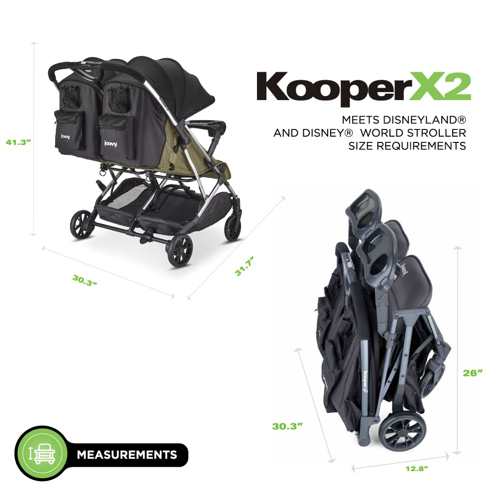 Joovy Kooper X2 Double Stroller, Lightweight Travel Stroller, Compact Fold with Tray, Olive
