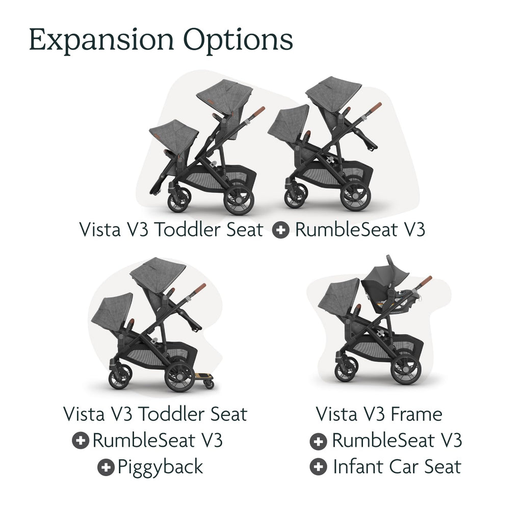 UPPAbaby RumbleSeat V3 Second Lower Seat - Compatible with Vista V2 and Vista V3 - All-Weather Seat + Magnetic Buckle – Adapters Included - Greyson (Charcoal Mélange/Carbon Frame/Saddle Leather)