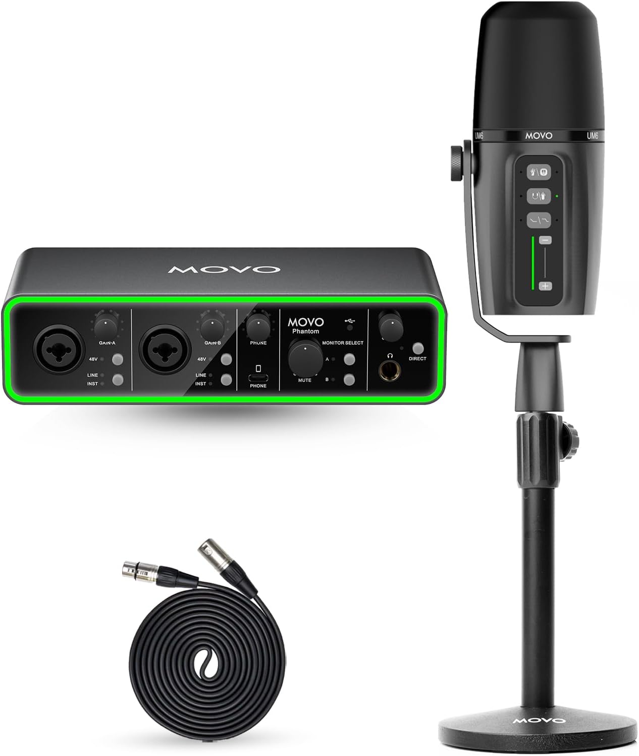 Movo Music/Audio Interface Bundle - Phantom USB Audio Interface, UM6 XLR/USB-C Dynamic Microphone, and Tabletop Stand - Professional Studio Setup for Musicians, Singers, and Producers