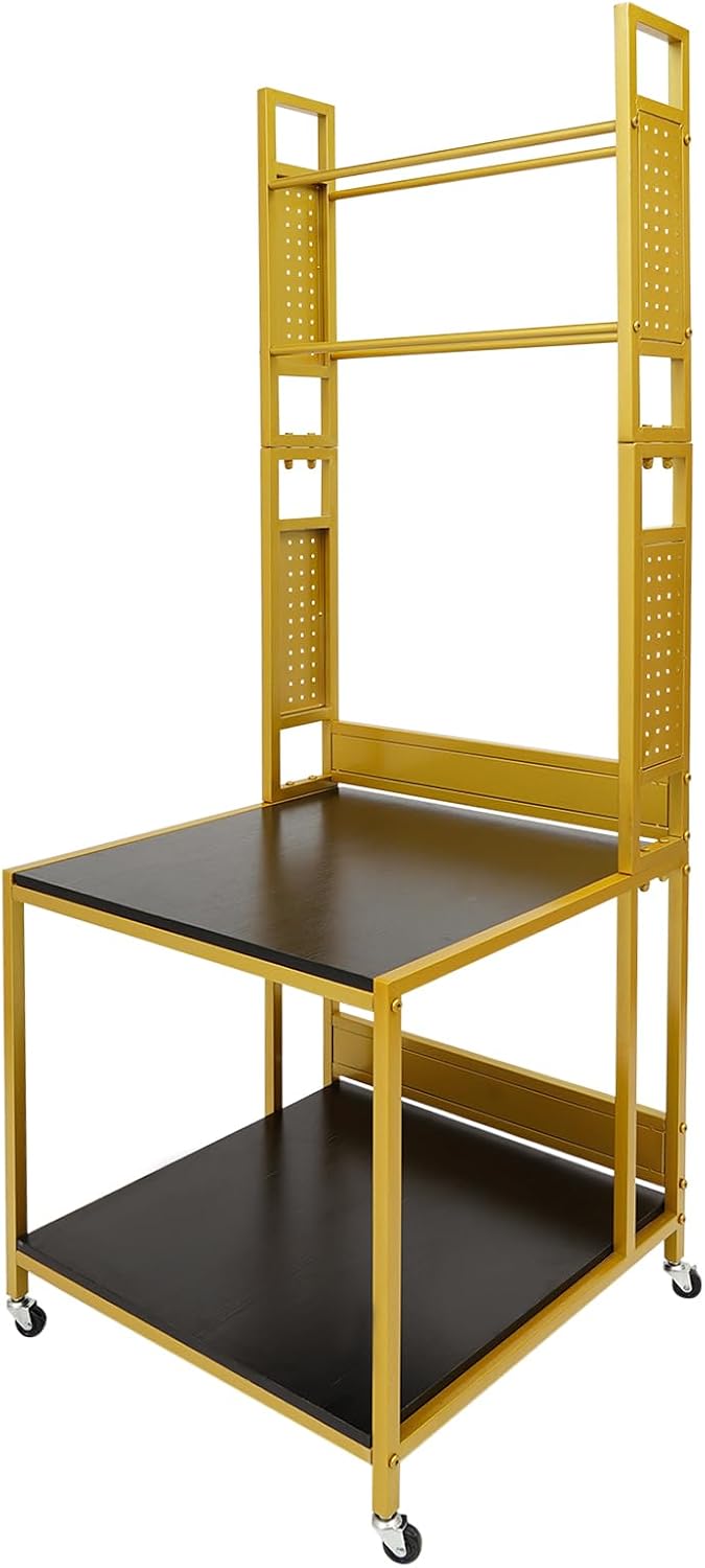 Double Layer Mobile Printer Table 110 Lbs Load Capacity Rolling 3D Printer Stand with 4 Universal Wheels(2 With Brakes) 3D Printing Station for Studios, Offices, Living Rooms, Garages（Gold）