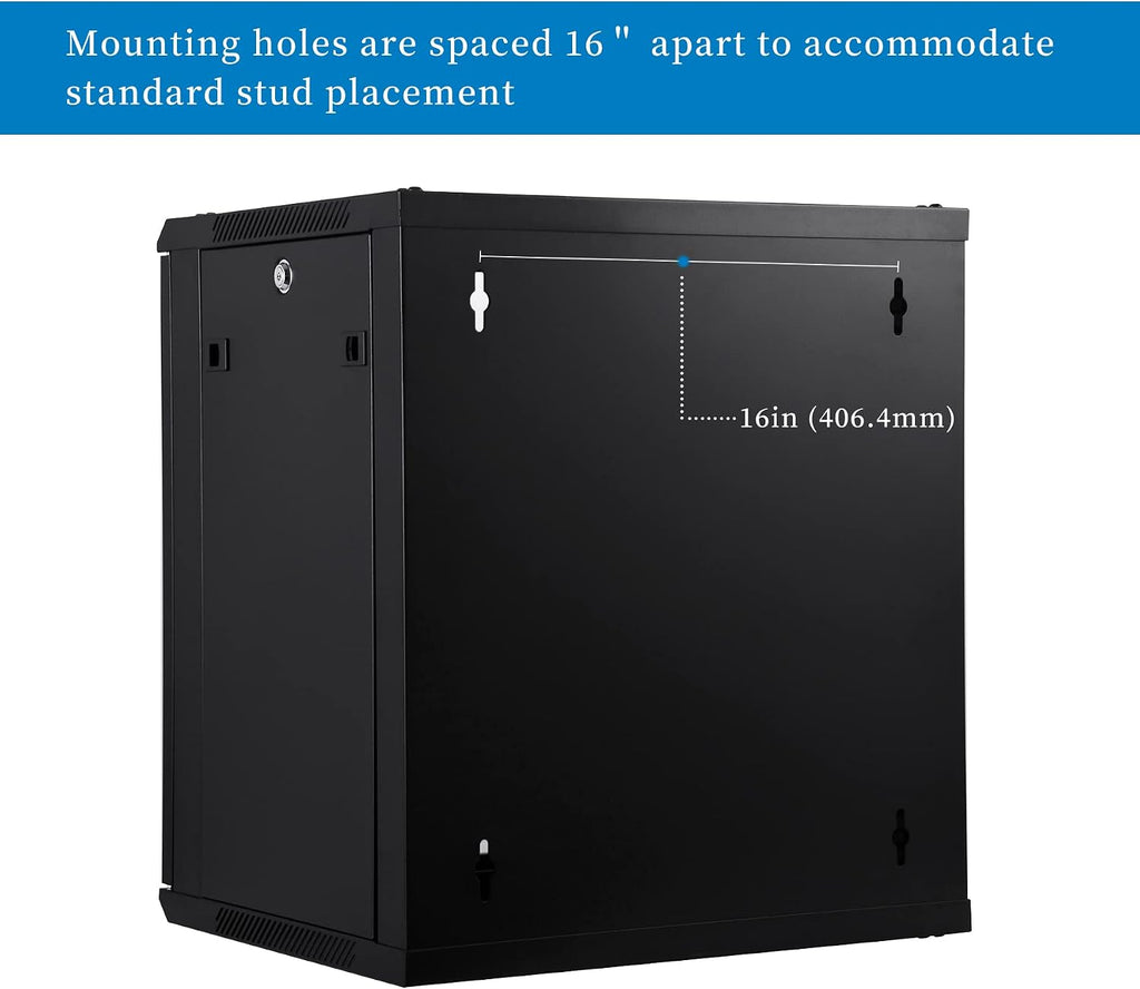 RackPath 12U Wall Mount Server Cabinet Network Rack Enclosure, Quiet Cooling Fan, Perforated Door, Black