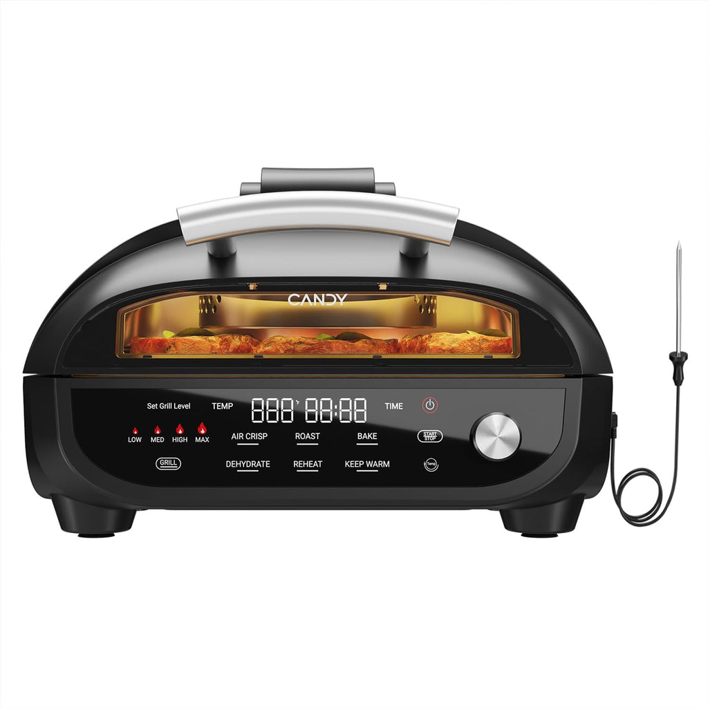Candy Indoor Grill & Air Fryer with Ceramic Accessories, 500°F Max, 7-IN-1 Digital Display, 5.2 QT Electric Low Smoke with View Window, Smart Thermometer, Crisp, Roast & Dehydrate, Easy Clean, 1500W