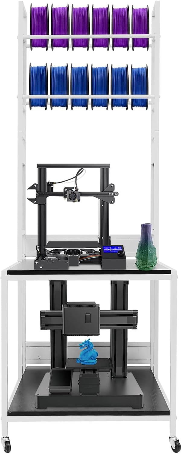3D Printer Stand with Filament Storage, 3D Printer Filament Storage Rack, Rolling Printers Cart, Heavy Duty Mobile Printer Table with Wheels for Workshop Studio Office - White