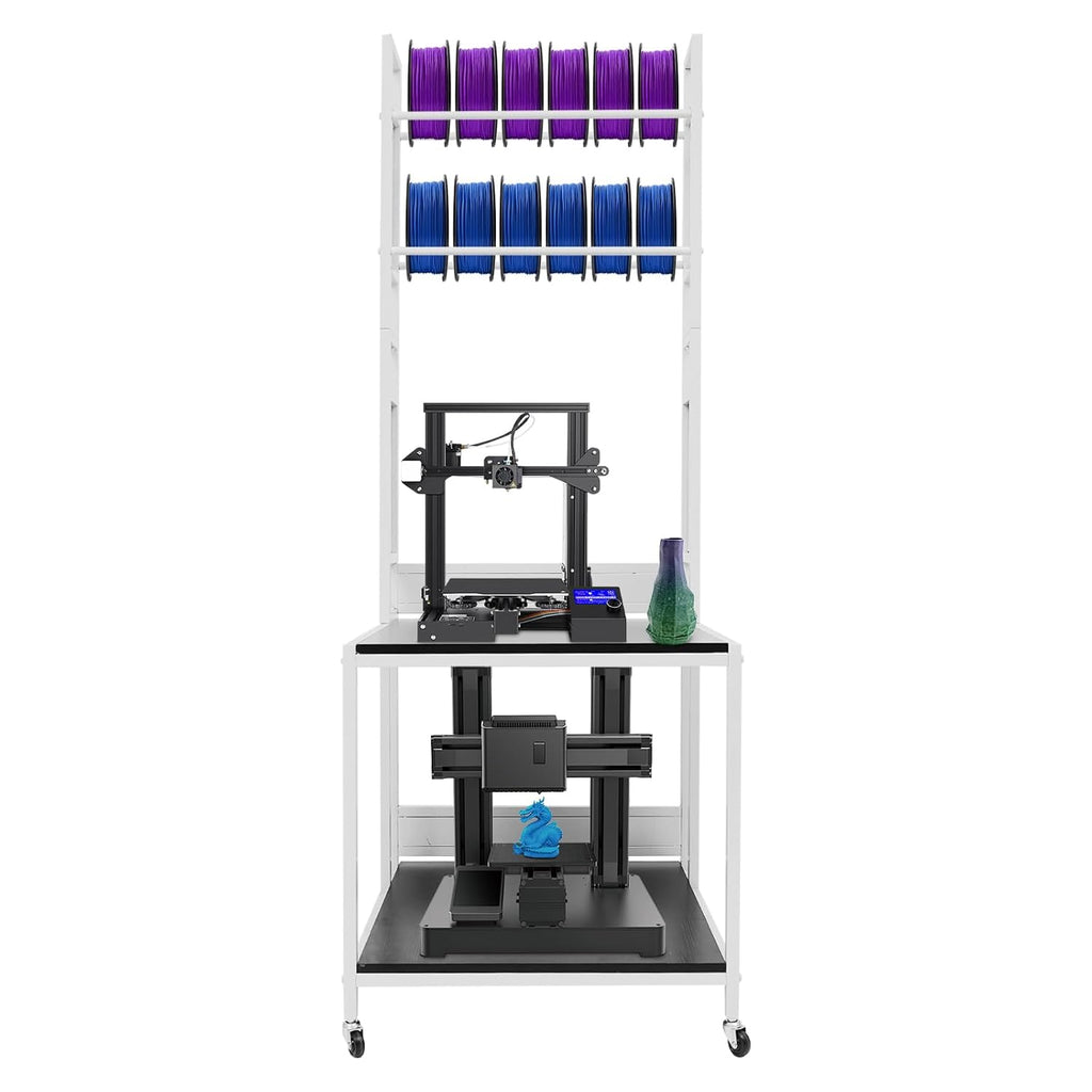 3D Printer Stand Double Layer 3D Printer Filament Storage Rack, Spools Holder Racks, Mobile Printer Table with Wheels for Studio Office Storage and Organization (White)