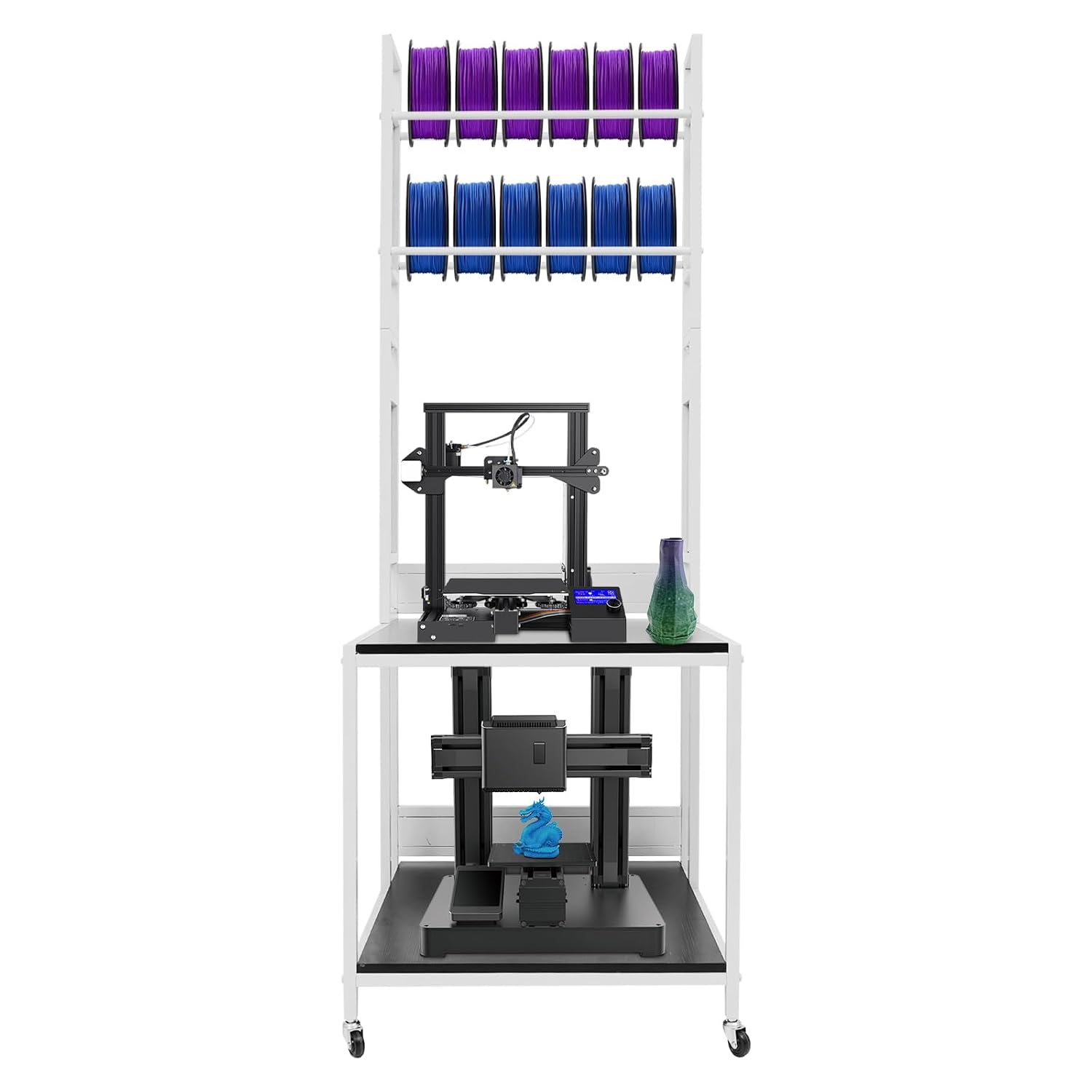3D Printer Stand with Double Layer,2 Tiers 3D Printer Filament Storage Rack, Heavy Duty Mobile Printer Table with Wheels for Studios,Offices,Living Rooms,Garages(White)