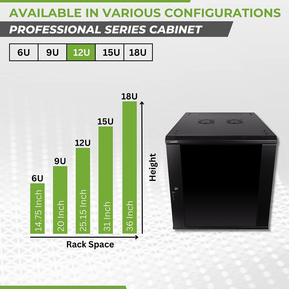 NavePoint 12U Server Rack Enclosure - 23.6' Deep, 12U Wall Mount Network Cabinet with Locking Glass Door for 19' IT Equipment, 12U Network Rack with 2 Fans, Removable Side Panels, Black