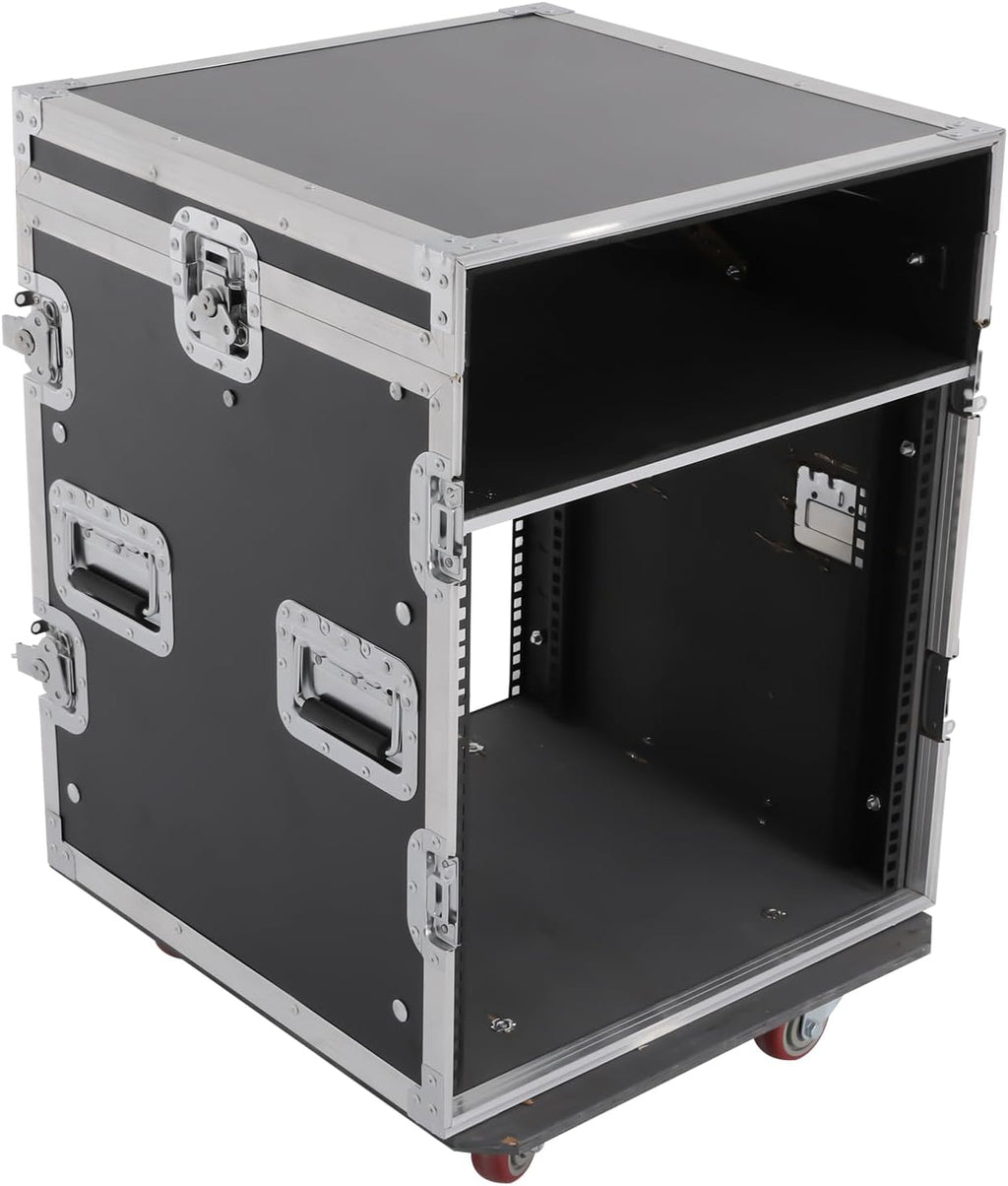 14U PA DJ Rack/Road ATA Case, Network & Stereo Rack with Slant Mixer Tops, 26'' Depth DJ Work Table Rolling Studio Equipment Cabinet, Amplifier Mixer Storage Stand for Pro Tour Grade, Live Sound