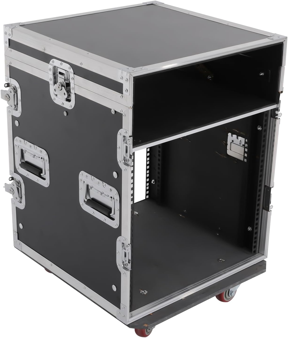 14U PA DJ Rack/Road ATA Case, Network & Stereo Rack with Slant Mixer Tops, 26'' Depth DJ Work Table Rolling Studio Equipment Cabinet, Amplifier Mixer Storage Stand for Pro Tour Grade, Live Sound
