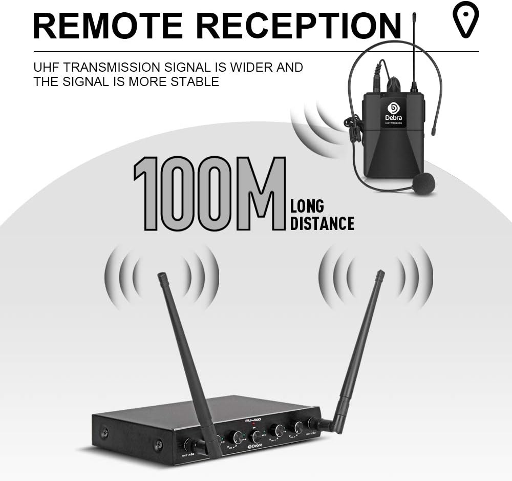 Debra Audio Pro UHF 4 Channel Wireless Microphone System with Cordless Handheld Lavalier Headset Mics, Metal Receiver, Ideal for Karaoke Church Party (with 4 Bodypack (A))